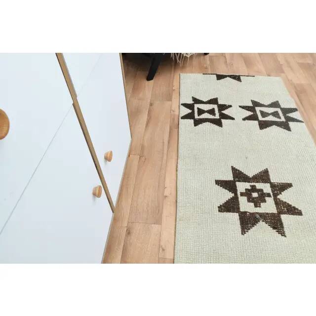 1970s Vintage Turkish Oushak Handmade Wool Cotton Beige Runner Rug 88x279
