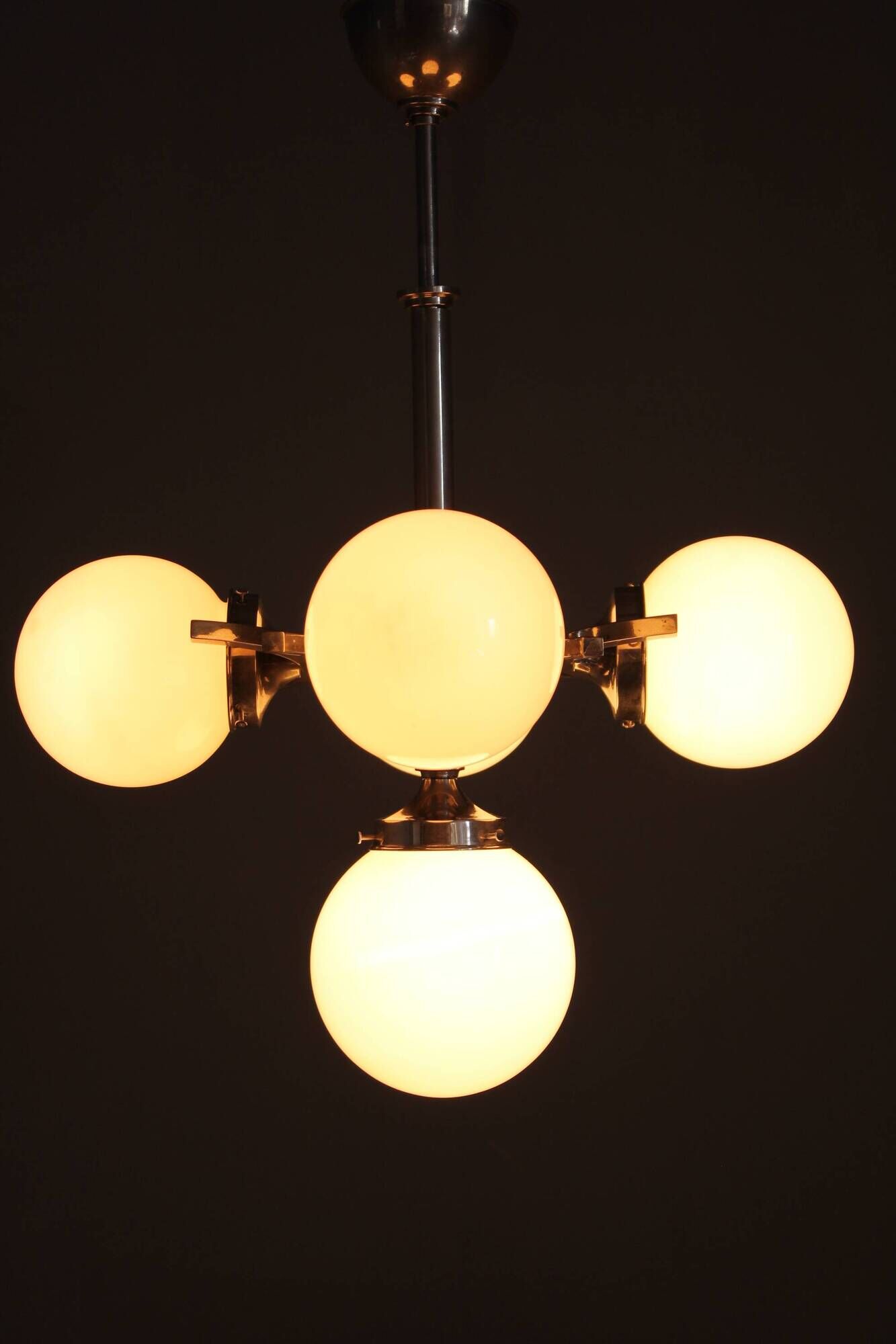 Czechoslovak Art Deco nickel chandelier with five opaline glass globes