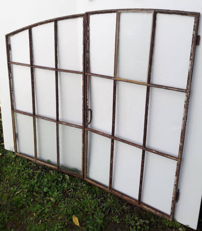 Industrial arched metal window L128xH114 19th century glass roof 2 leaves