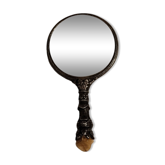 Beveled hand-faced mirror in silver metal