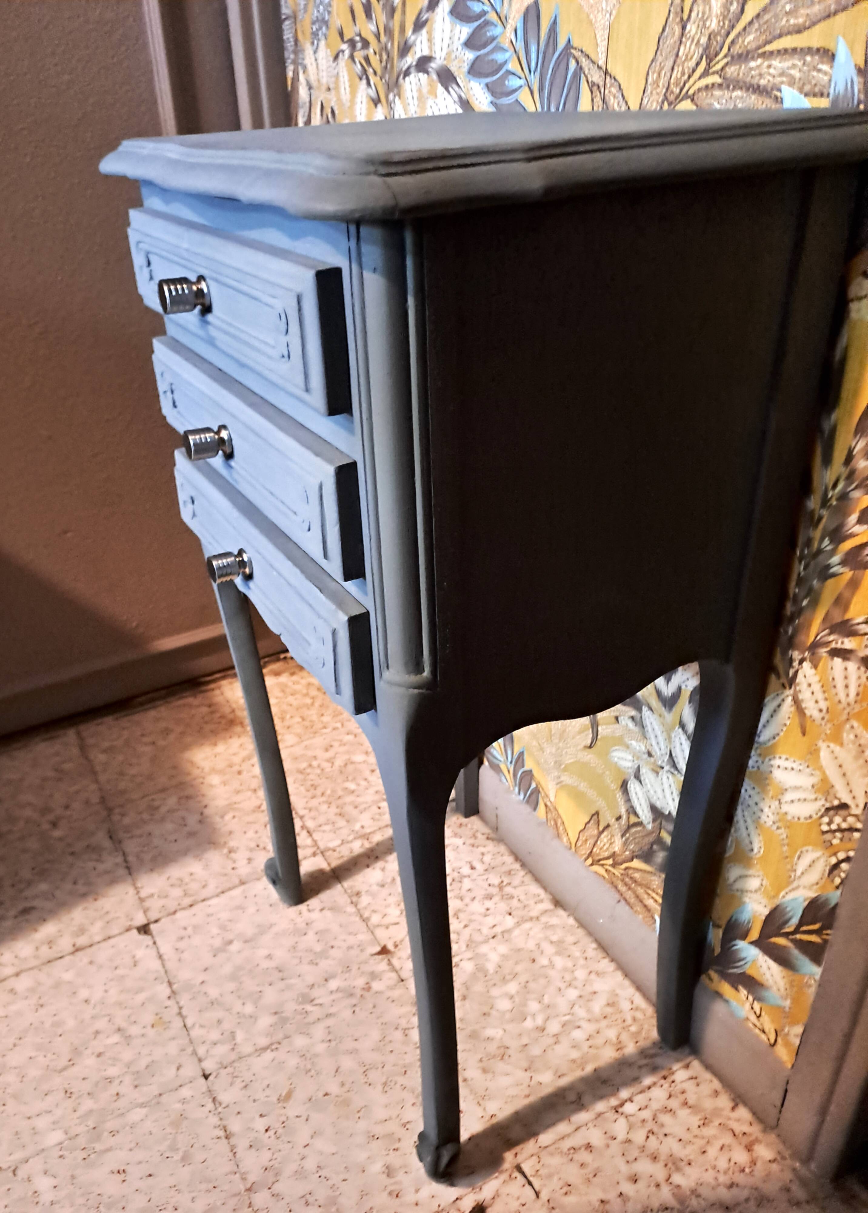 1950 bedside table in painted wood, trench grey color, renovated, 3 drawers