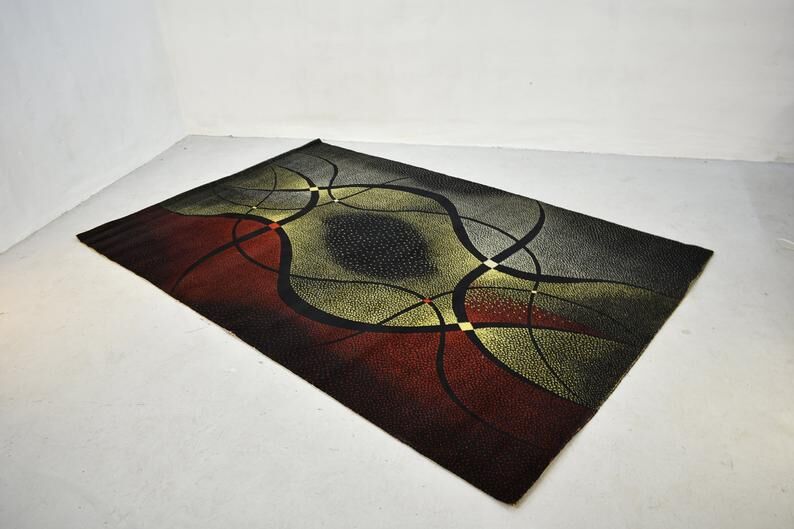 Vintage area rug, mid century, 1960s, abstract psychedelic design, wool rug, low pile rug