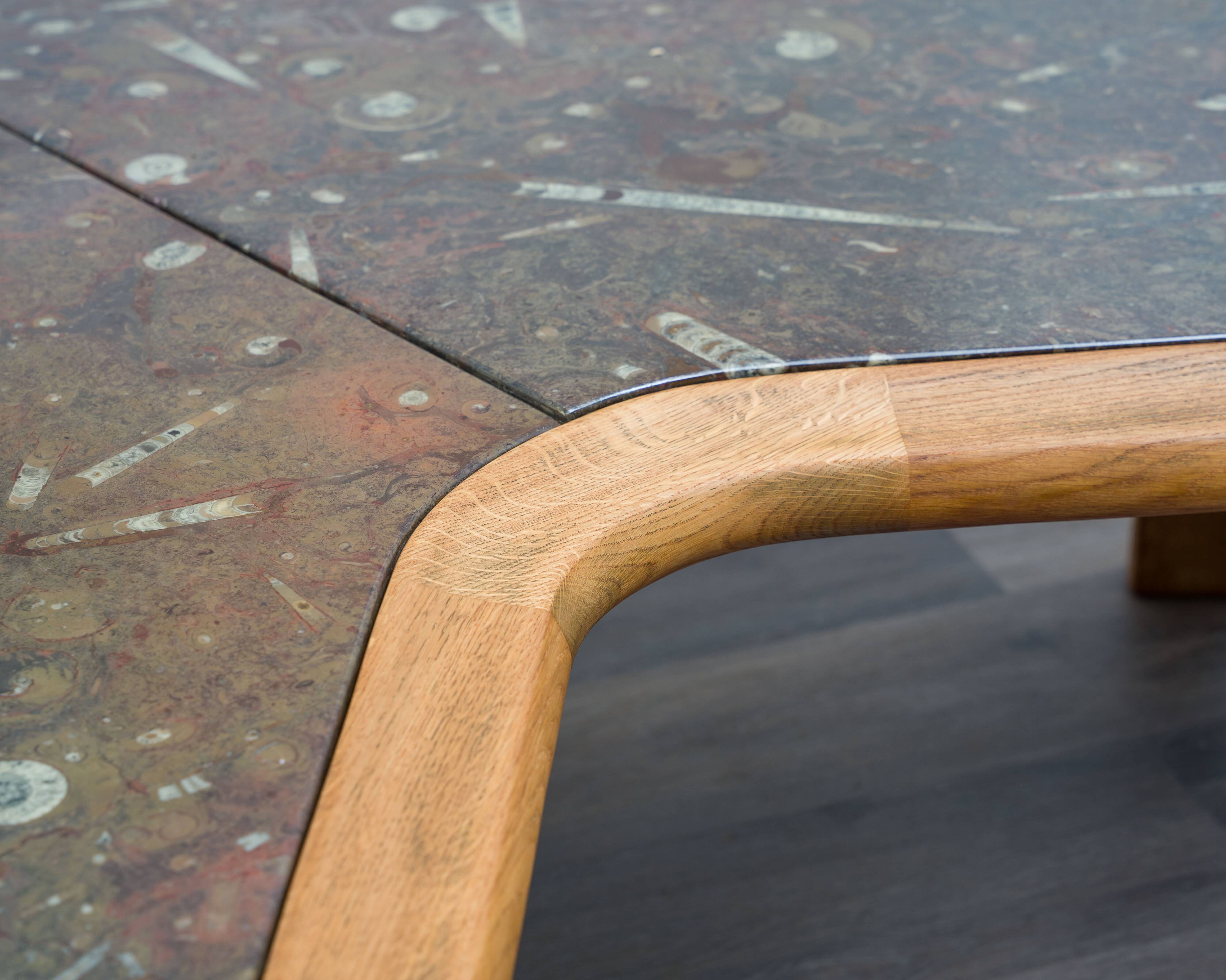 Boomerang coffee table, fossil marble, 70s