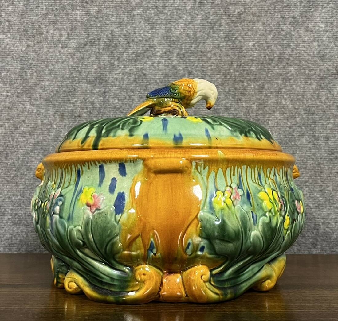 Soup tureen with parrot in colored slip from the mid-20th century