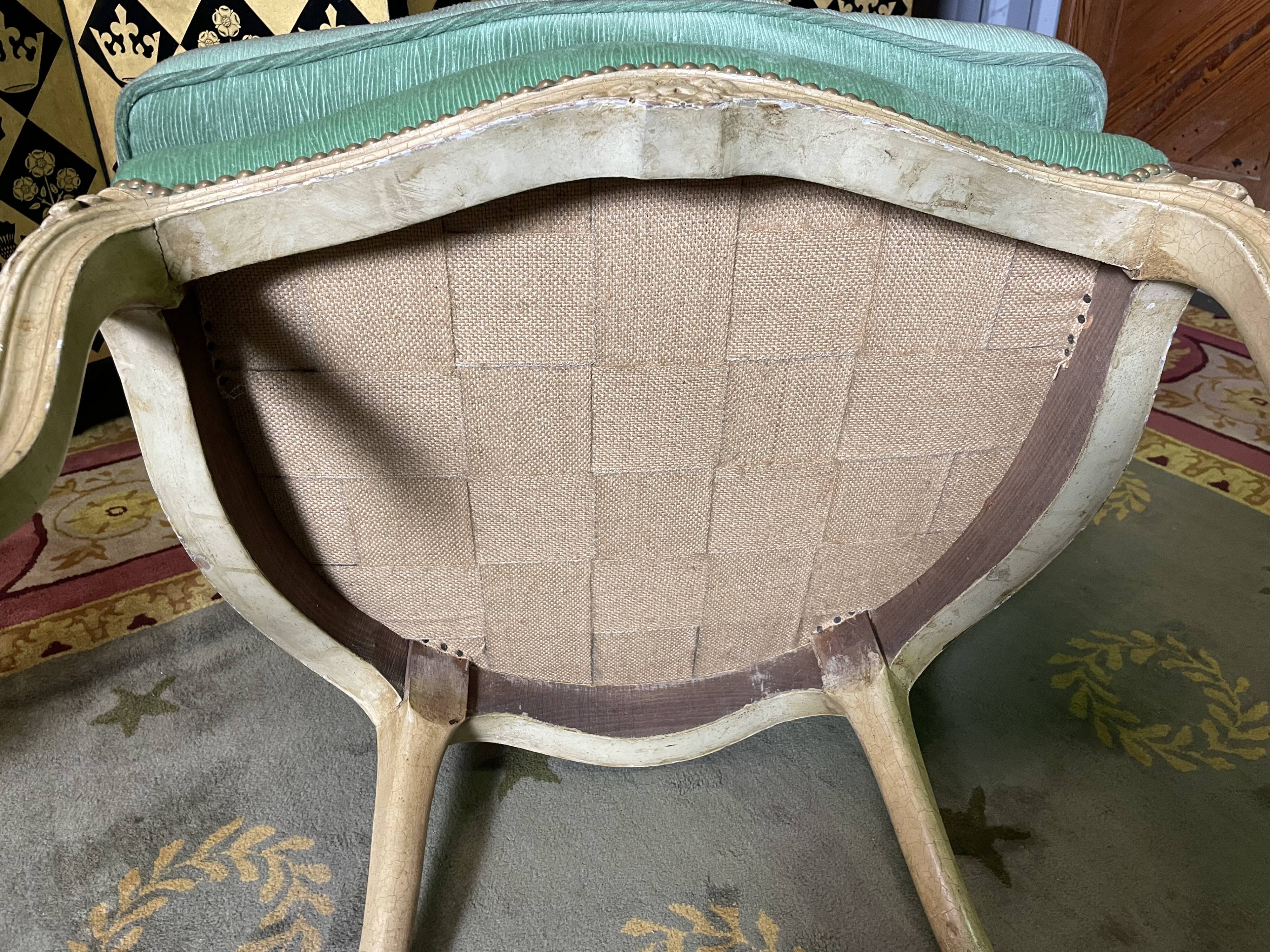 Pair of green Louis XV style bergères armchairs