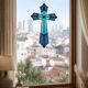 Vitrail Artisanal Croix – Verre Coloré Bleu – 40 × 50 cm – Pièce Unique