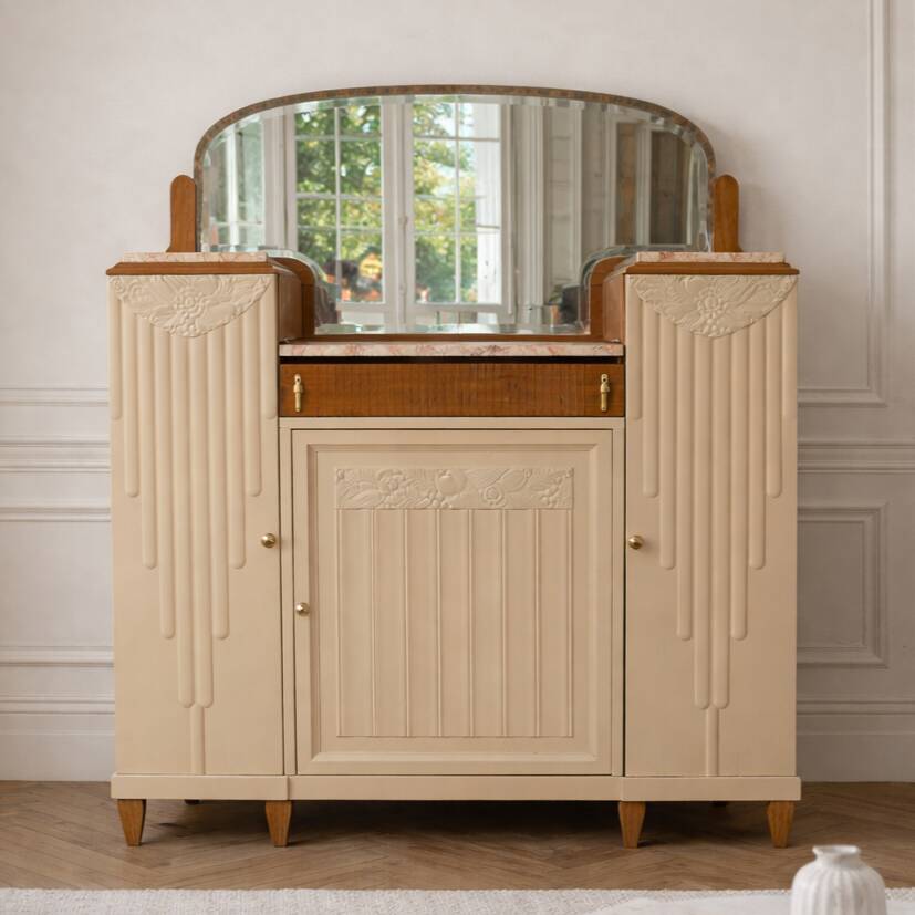 Renovated Art Deco buffet, pink marble and original mirror.