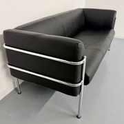 Three-seater tubular chrome and black leather sofa by Kébé, Denmark 80