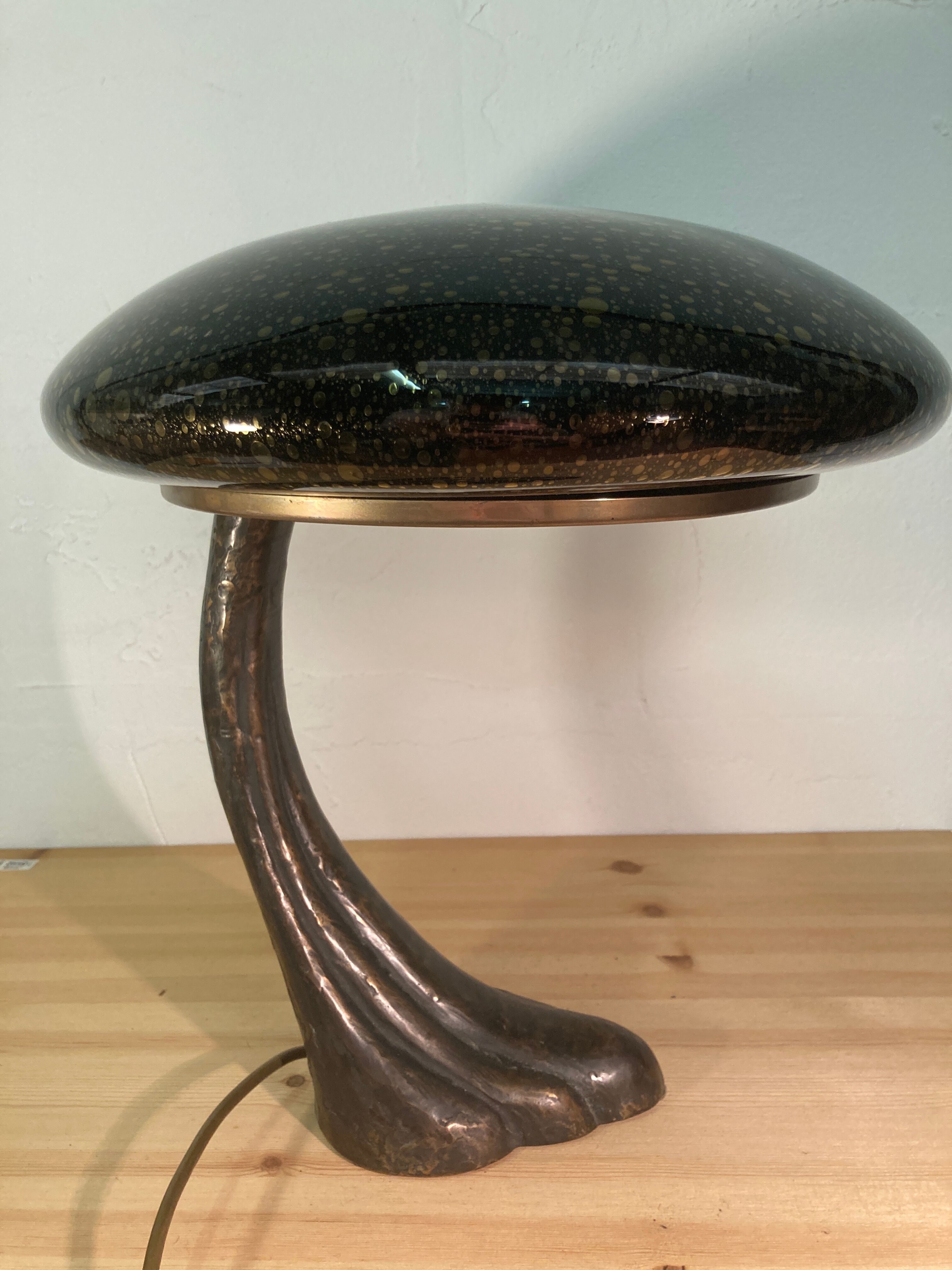 Art Deco organic mushroom bronze Murano bubble glass desk lamp