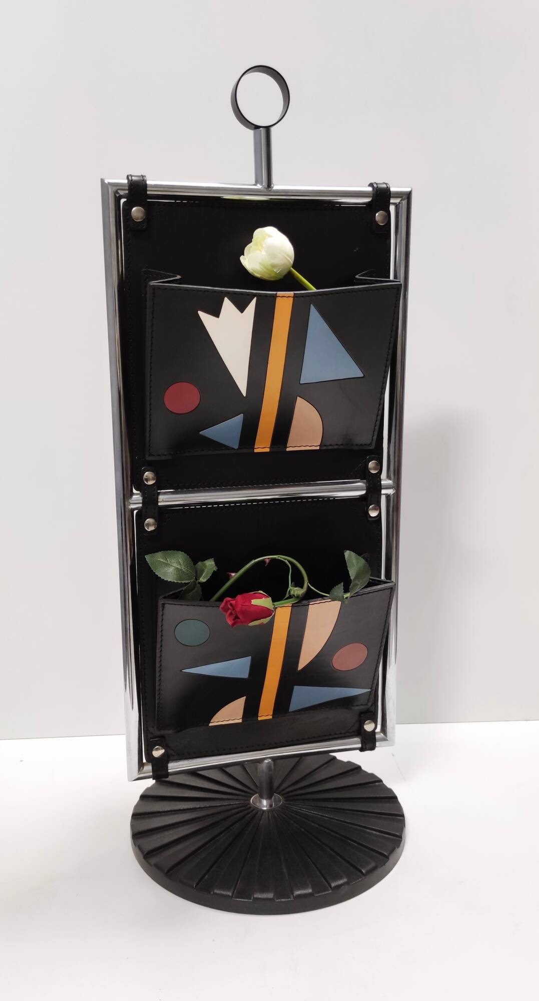 Black Leather and Chrome-Plated Metal Magazine Rack by Salmistraro, Italy