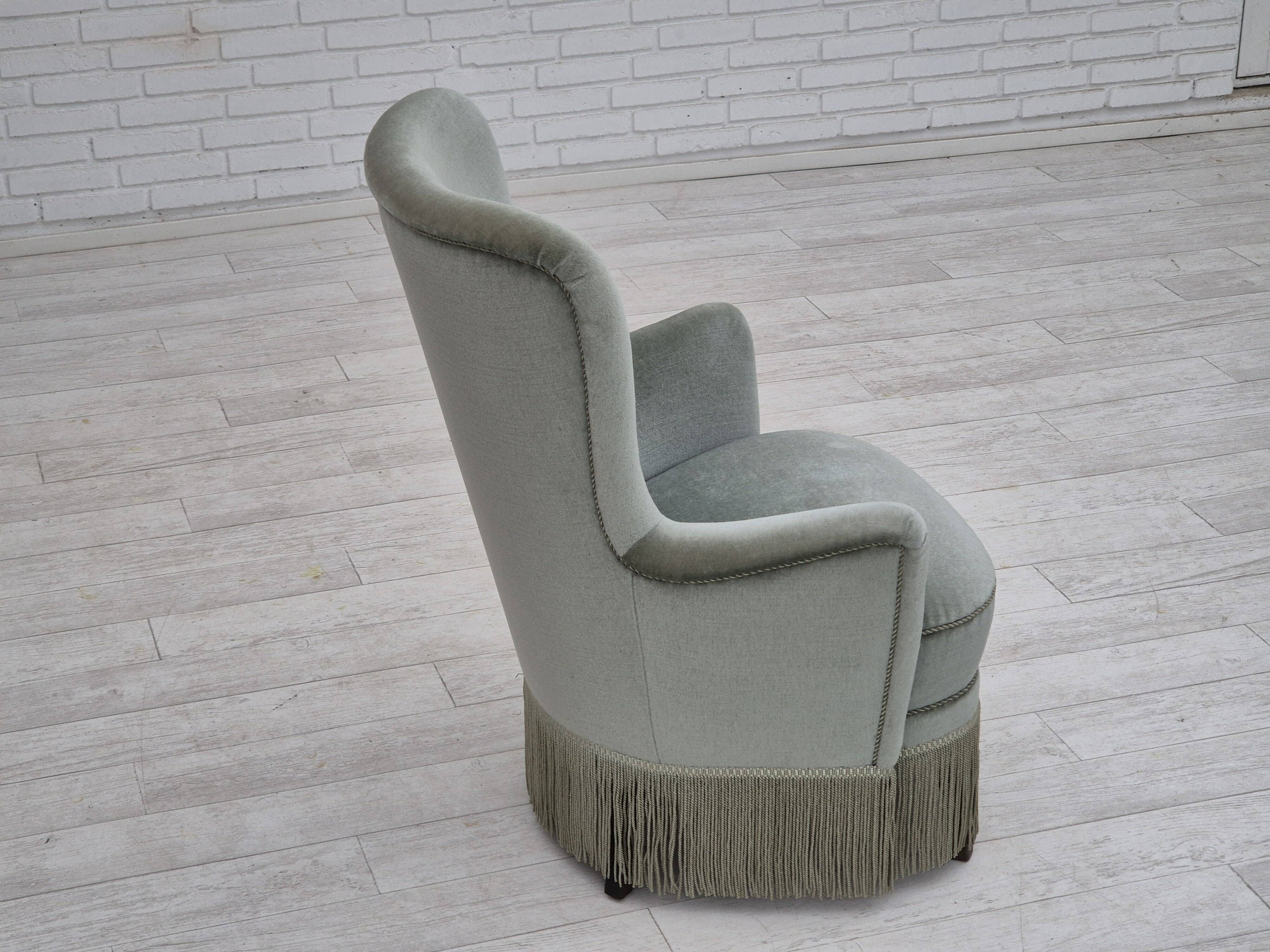 1970s, Danish armchair, original condition, furniture velour, beech wood legs.