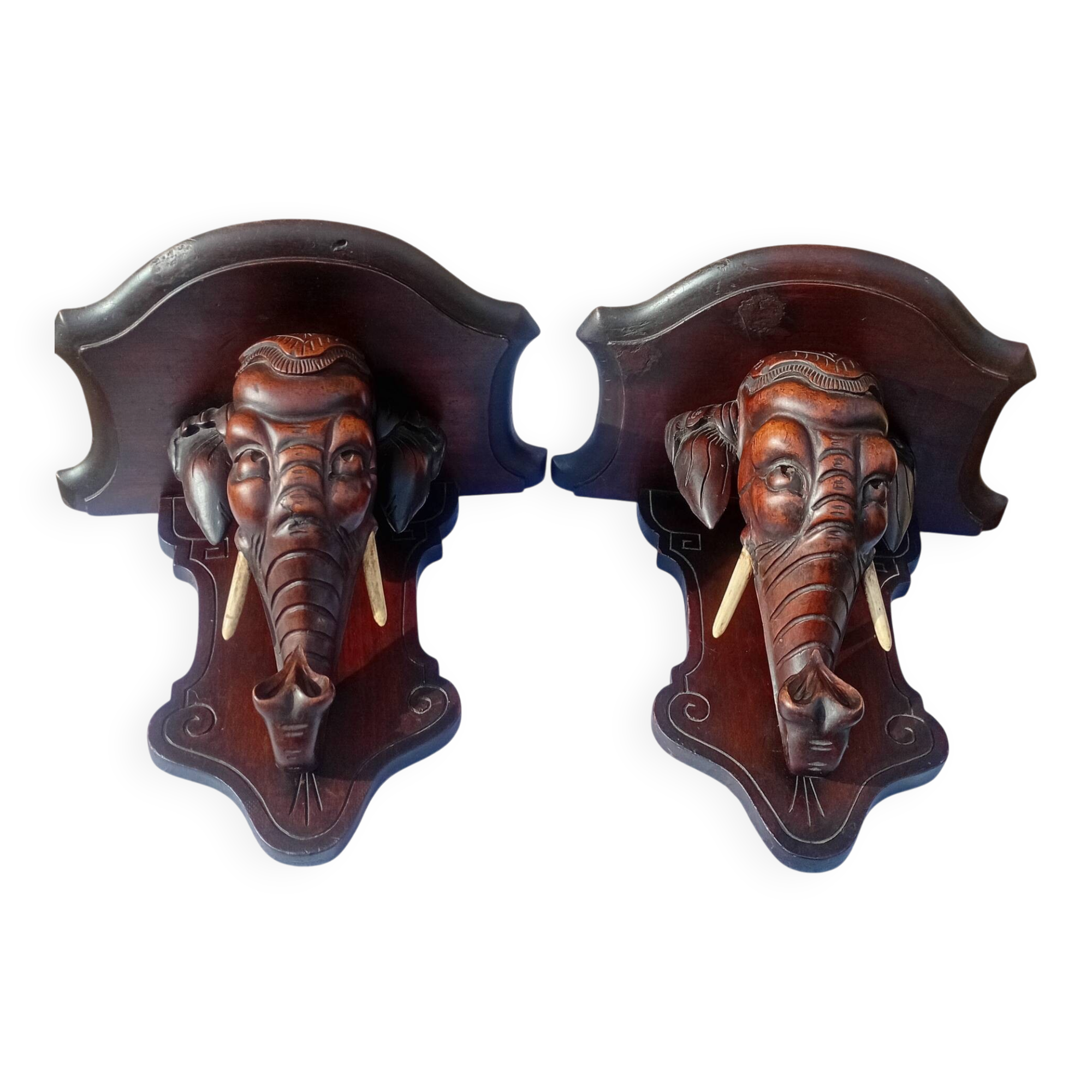 Rare pair of wall-mounted consoles Elephant carved wood J. Derolland