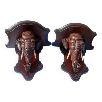 Rare pair of wall-mounted consoles Elephant carved wood J. Derolland