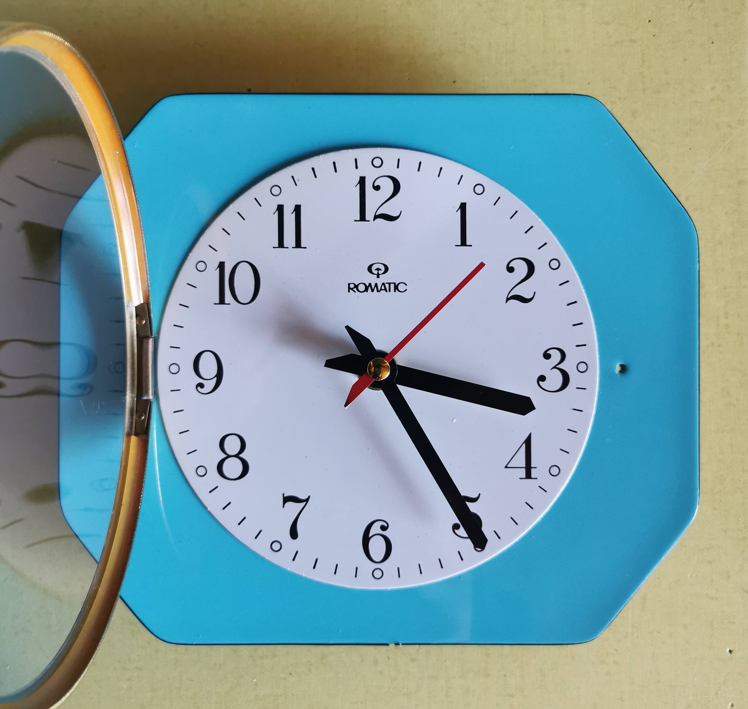 Vintage formica clock rectangular silent wall pendulum "Romatic turquoise blue"