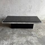 Vintage Black Terrazzo Coffee Table with Wooden Pedestal Base — Mid-Century Rectangular Accent Table