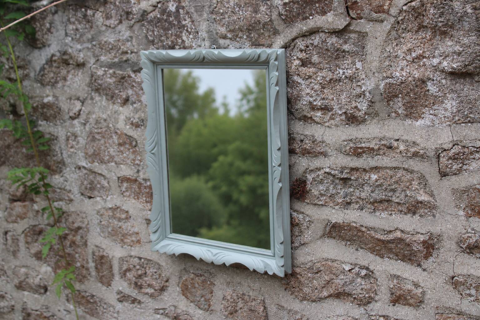 Vintage wall mirror in carved blue-green wood – rococo style – H48 cm