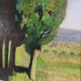 Huile sur toile « L'allée des cyprès », René Genis