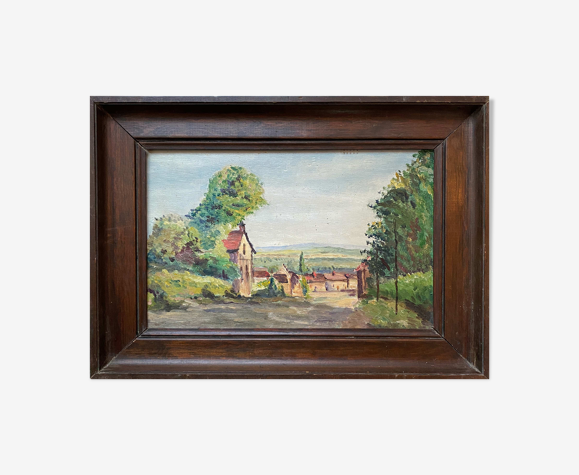 Tableau HSP "L'entrée du village avec paysage vallonné" + cadre