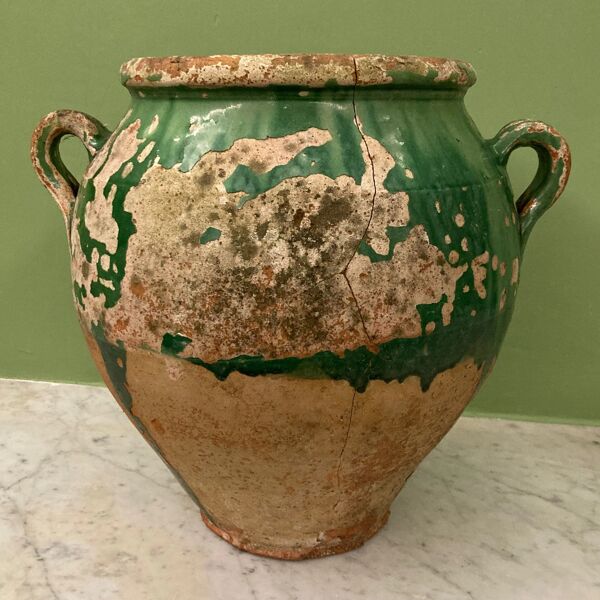 Ancien pot à confit 19e. terre cuite vernissée verte