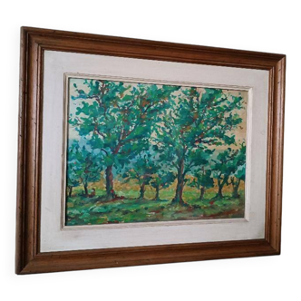 Peinture à l'huile sur panneau isorel paysage boisé signée et datée