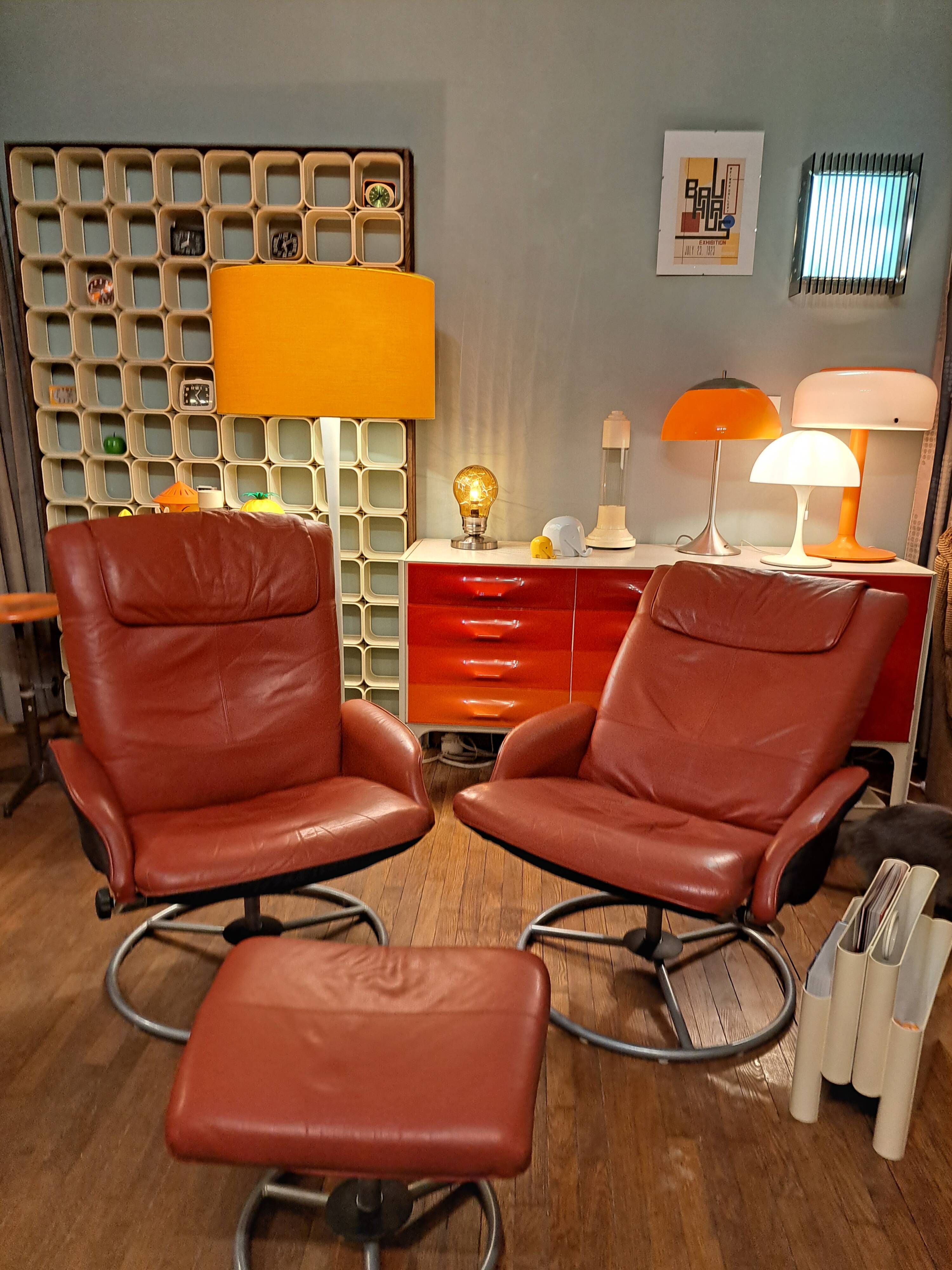 Pair of Lounge Chairs + Malung Leather Ottoman from the 90's