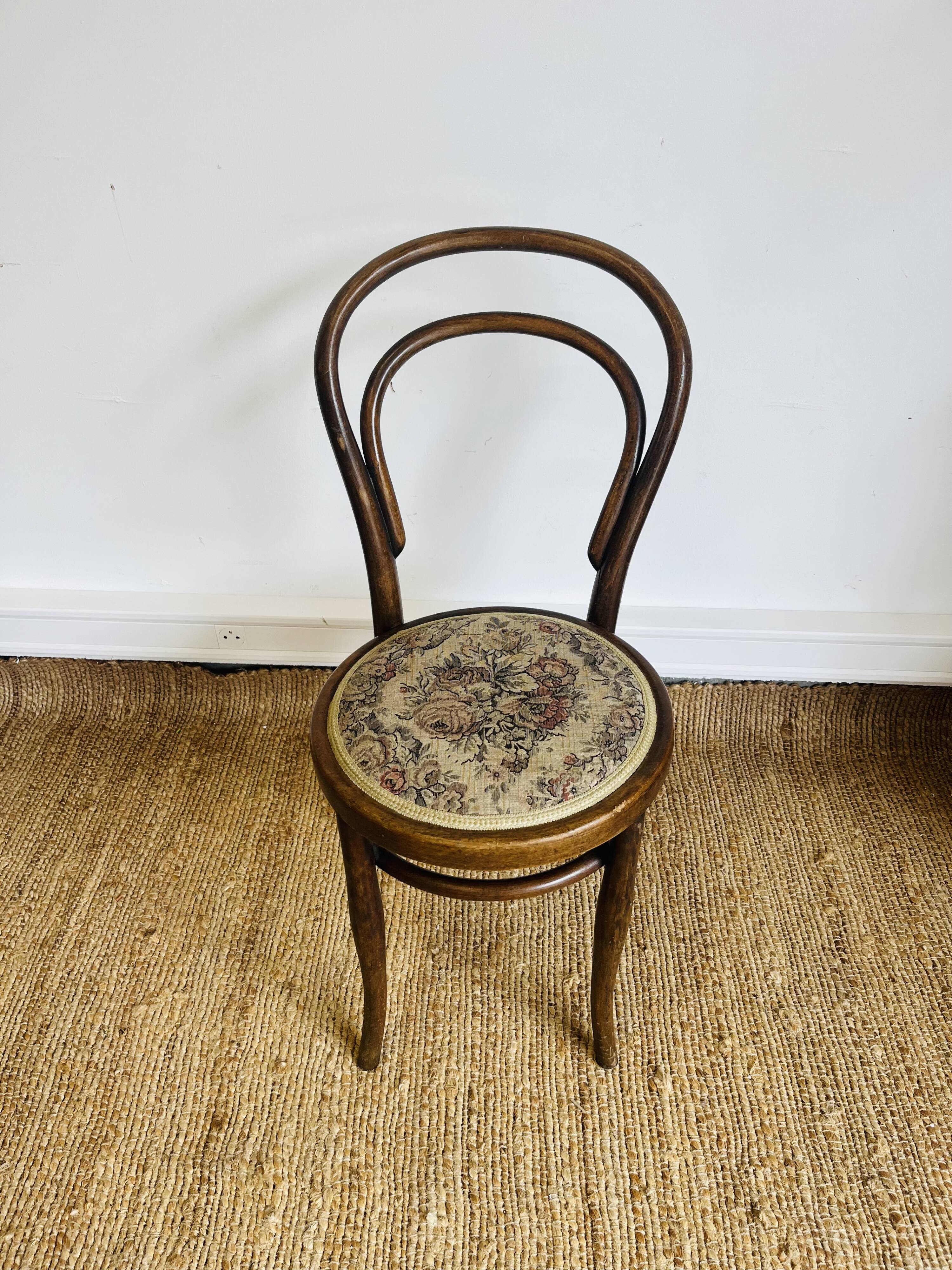 Pair of vintage bistro chairs – bentwood – floral upholstered seat