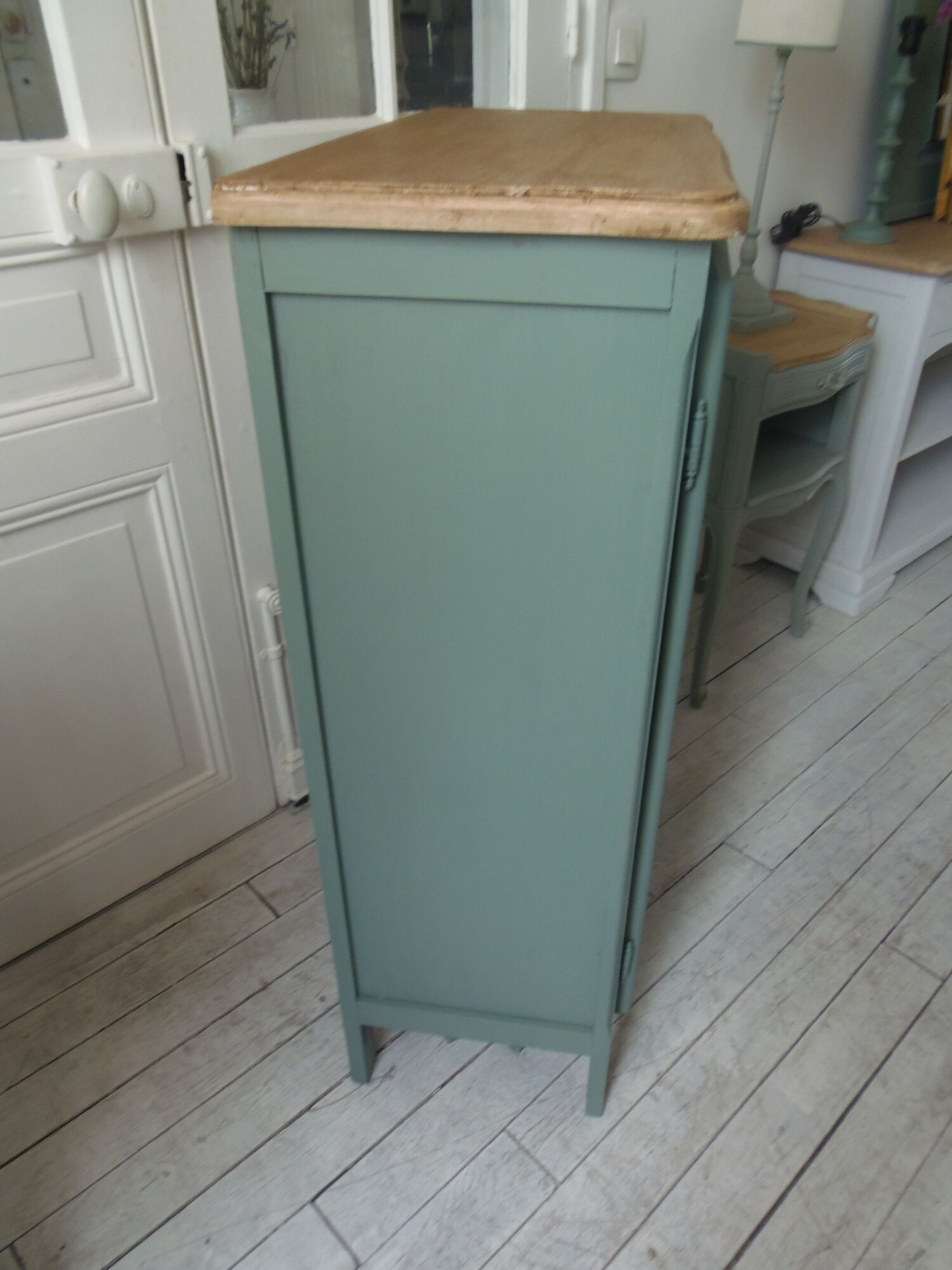 Vintage shoe cabinet smoked green wax finish, wooden top.