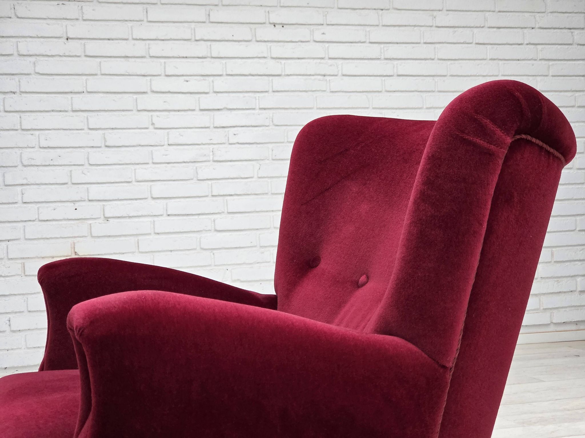 1960s, Danish armchair, cherry-red furniture velour, beech wood legs.