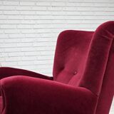 1960s, Danish armchair, cherry-red furniture velour, beech wood legs.