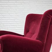 1960s, Danish armchair, cherry-red furniture velour, beech wood legs.