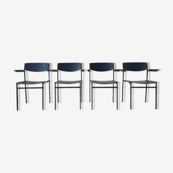 4 fauteuils empilables minimalistes en métal bleu et contreplaqué par Gijs van der Sluis