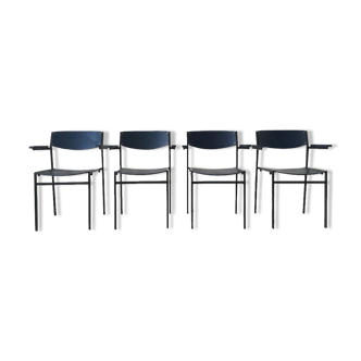 4 fauteuils empilables minimalistes en métal bleu et contreplaqué par Gijs van der Sluis