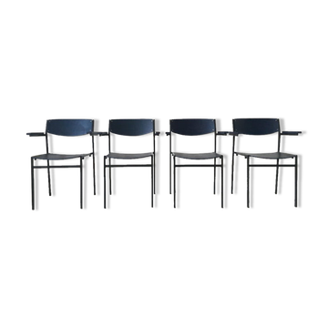 4 fauteuils empilables minimalistes en métal bleu et contreplaqué par Gijs van der Sluis