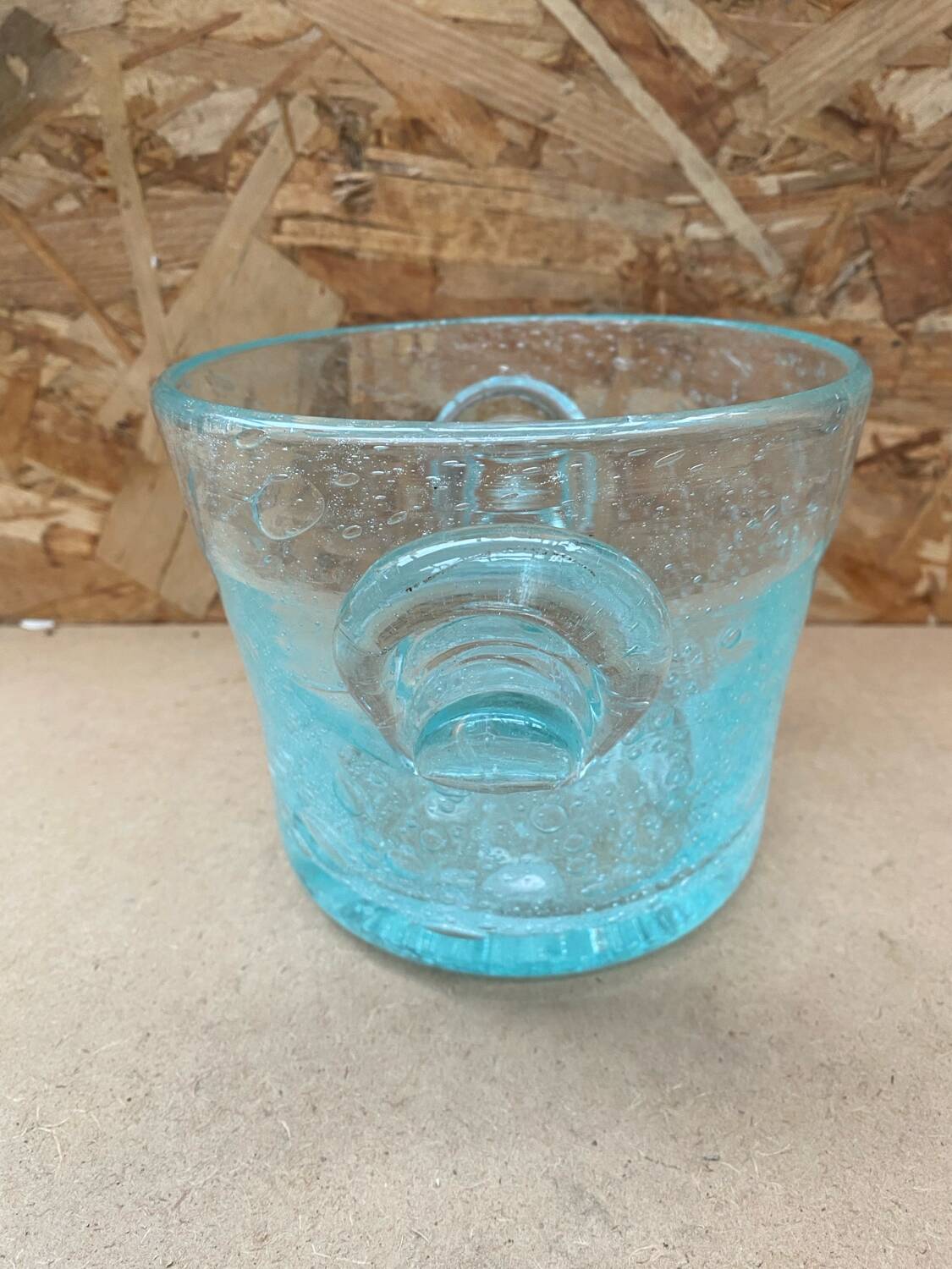 Antique BIOT Style Ice Bucket Blue Bubble Blown Glass Vintage #B620