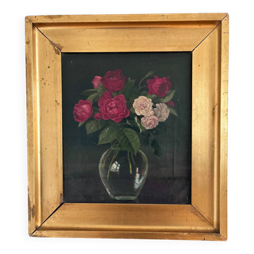 Vintage original floral rose still life oil painting