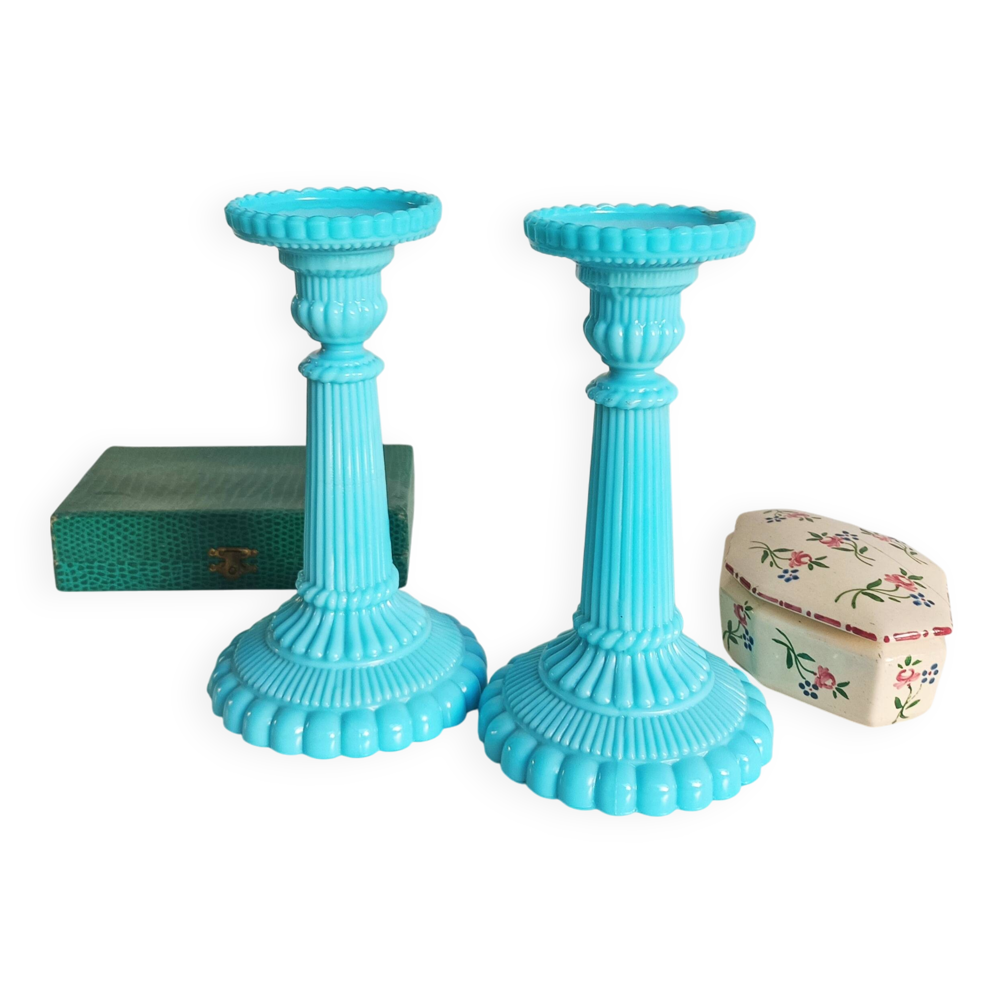 Antique blue opaline candlesticks Portieux Vallerysthal