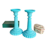 Bougeoirs anciens opaline bleu Portieux Vallerysthal