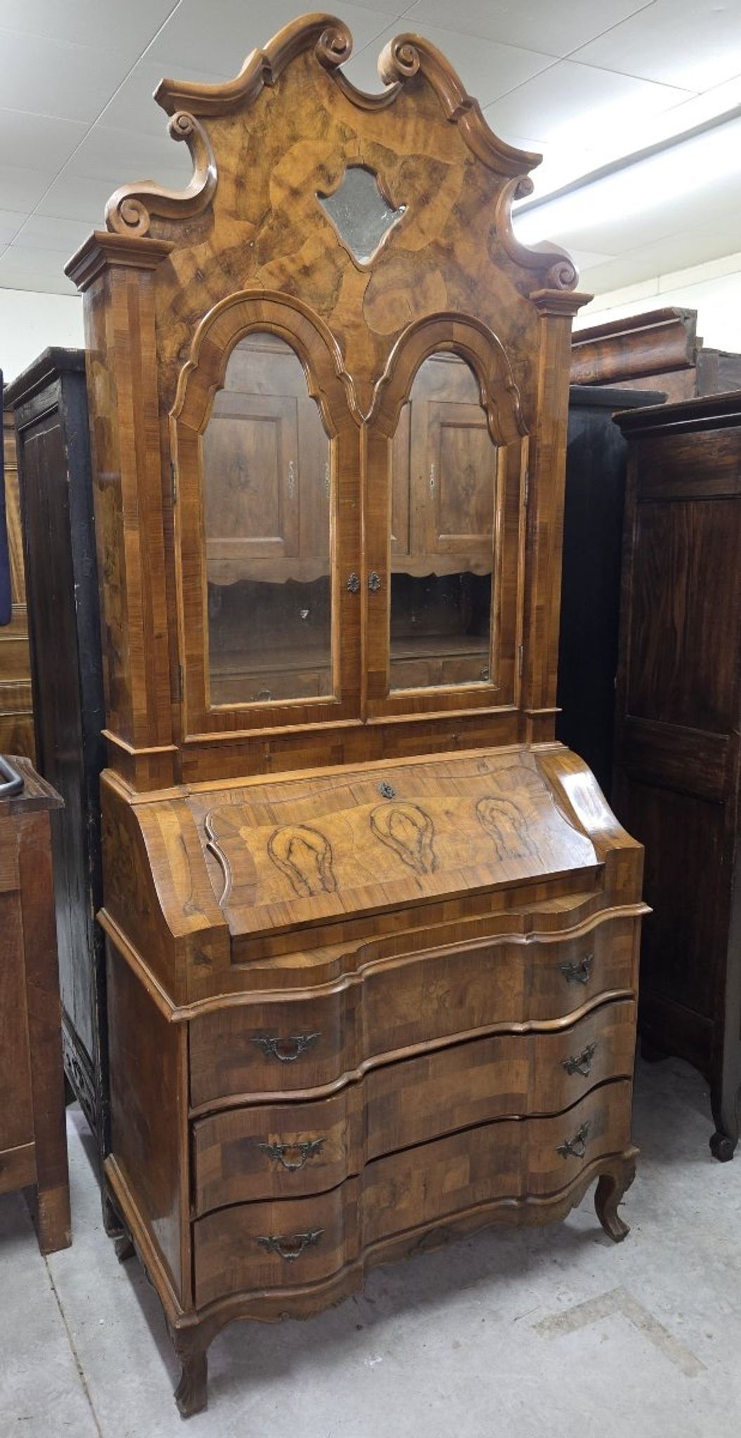 Venetian style Louis XV scriban secretary in marquetry walnut.