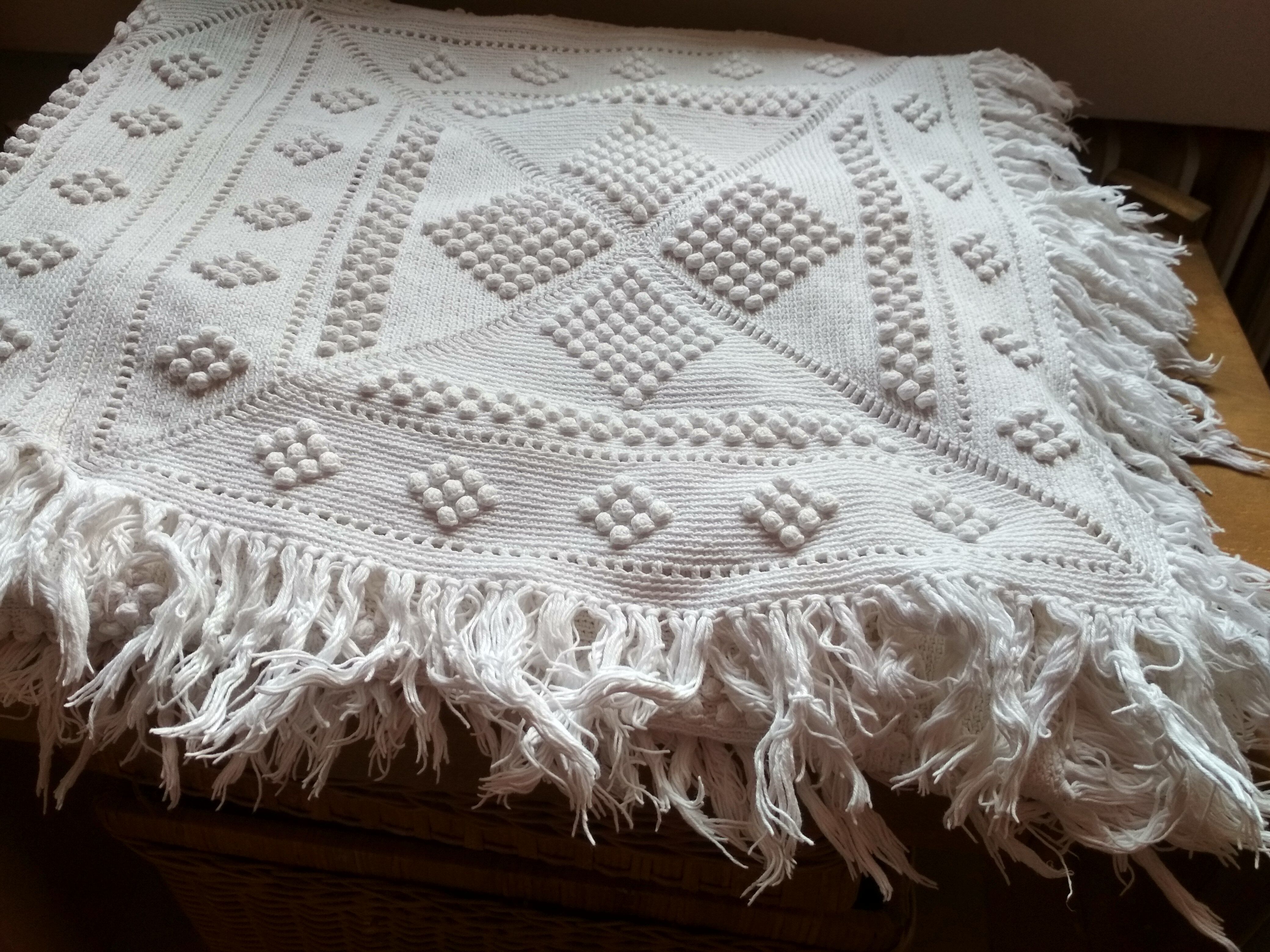 White cotton bed top, old crochet bed throw