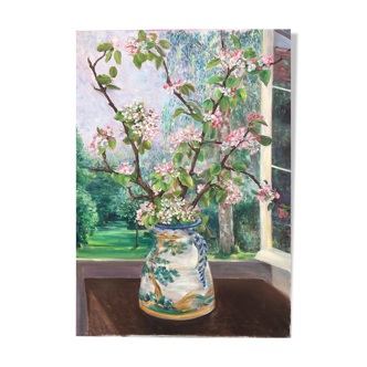 Peinture huile bouquet branche pommiers en fleurs non signé