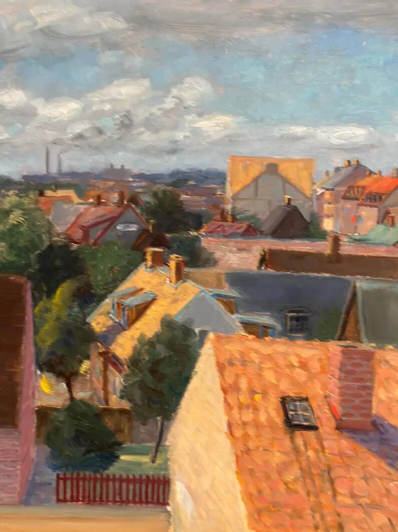 Large Original Swedish Oil on Panel – "Urban Landscape" by Wilhelm Matton – Signed – Dated 1947 – Framed – 83 × 73 cm (32.7 in × 28.7 in)