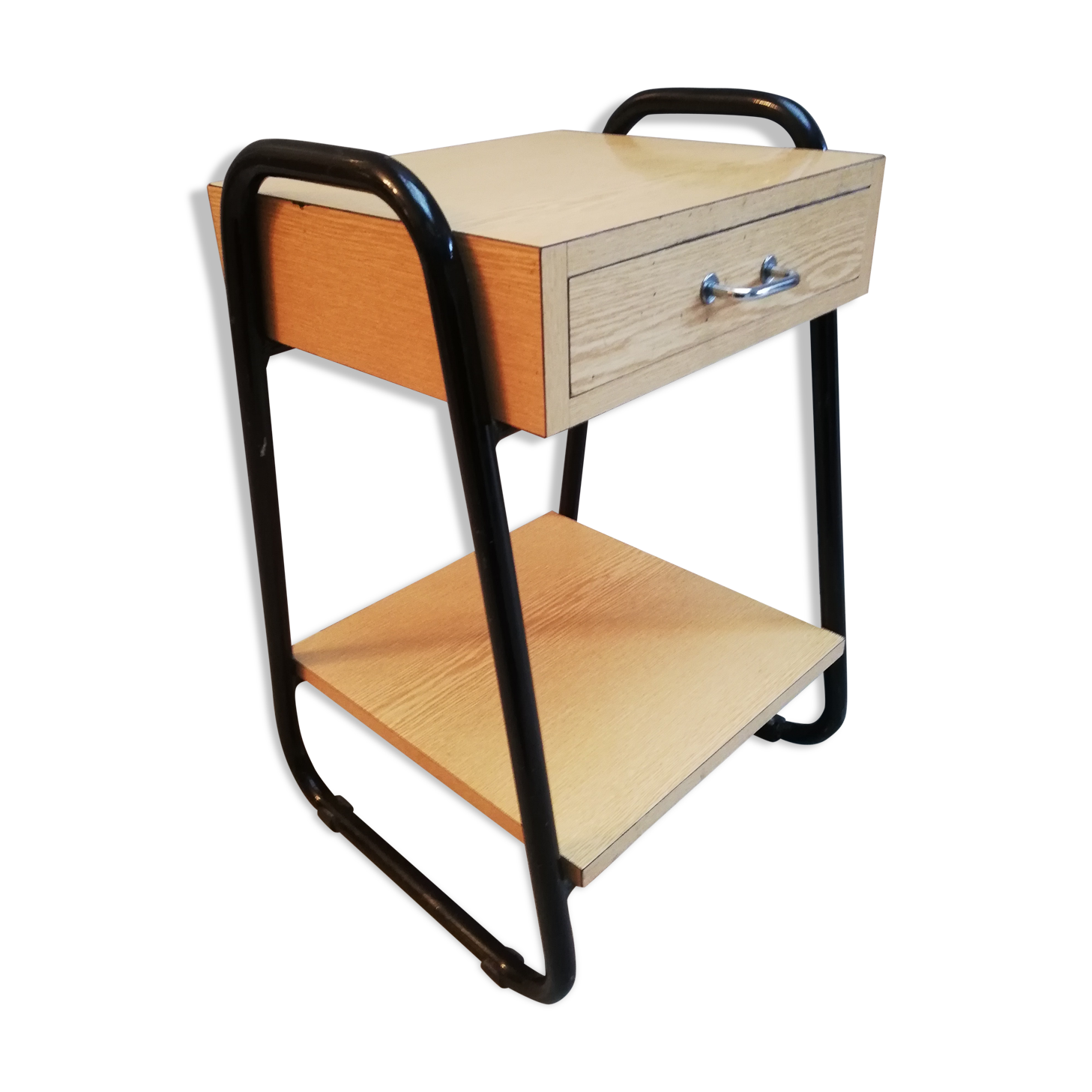 Steel and wood bedside table