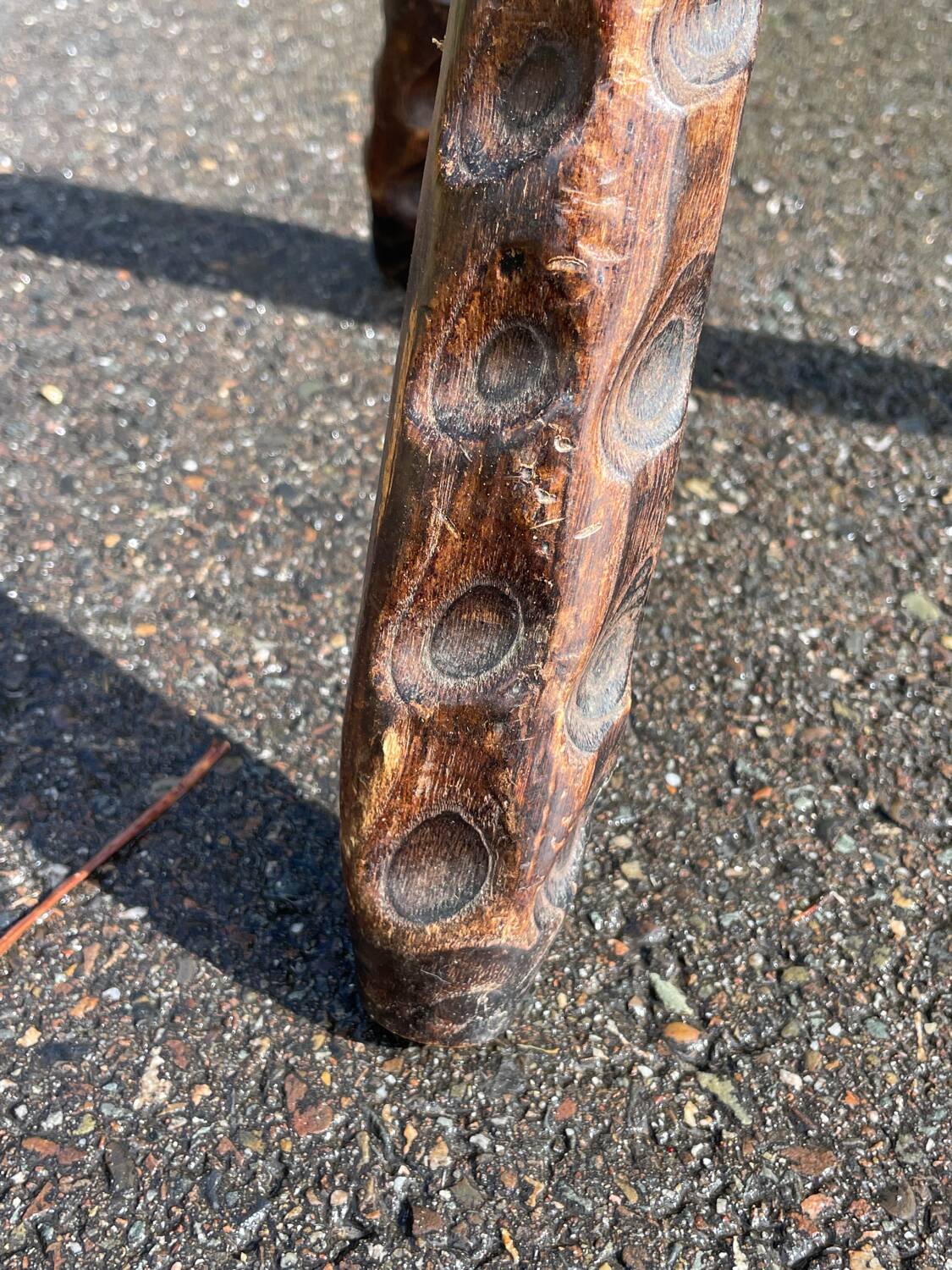Brutalist low tripod wooden stool