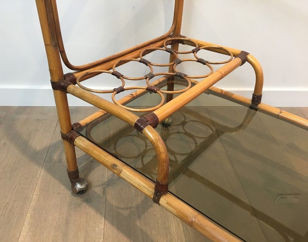 Rattan rolling table and leather ties