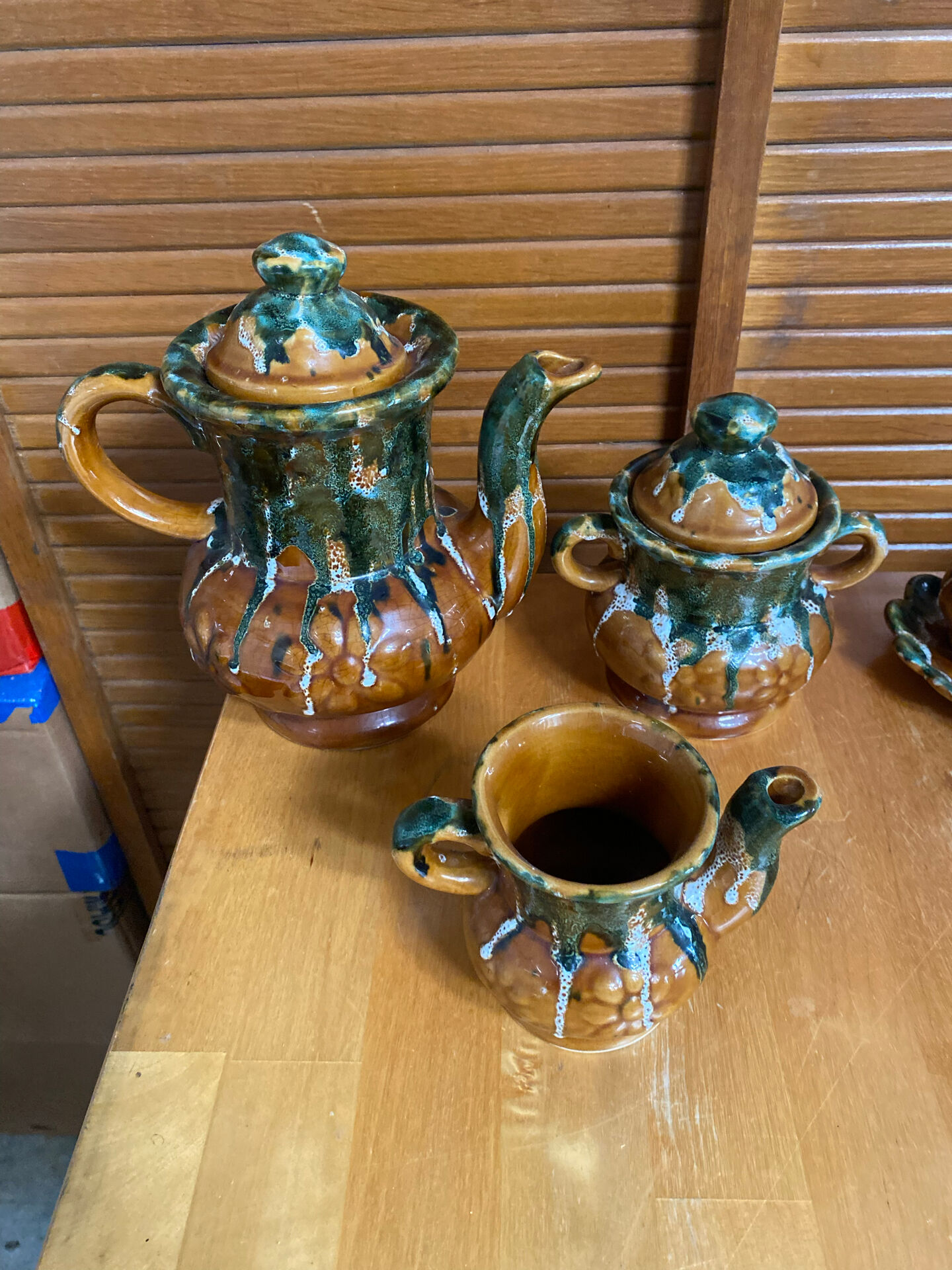 Vintage French café service set, 27 pieces, old pottery from Maine.