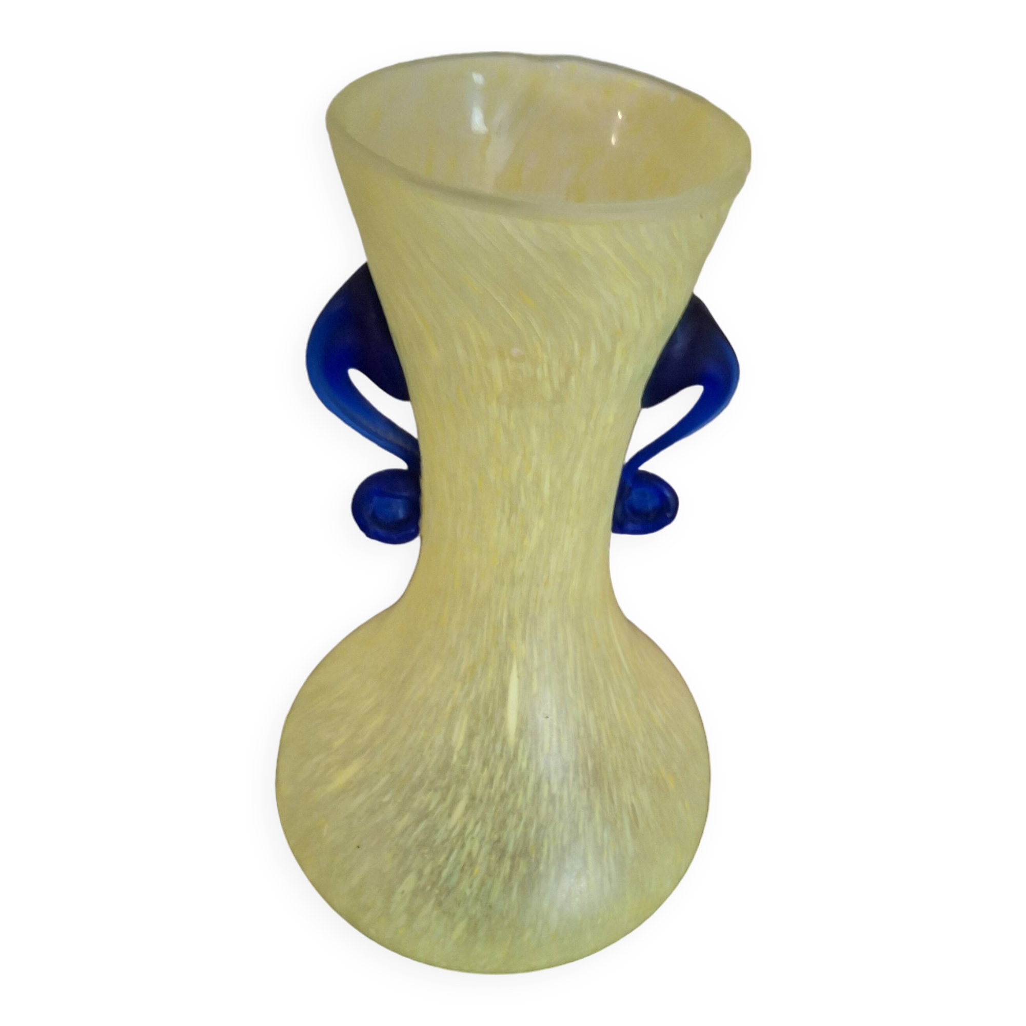 Yellow glass paste vase with navy blue handles