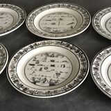 Lot of 6 plates in fine earthenware from choisy-le-roi, p&h, rebus décor; xixth