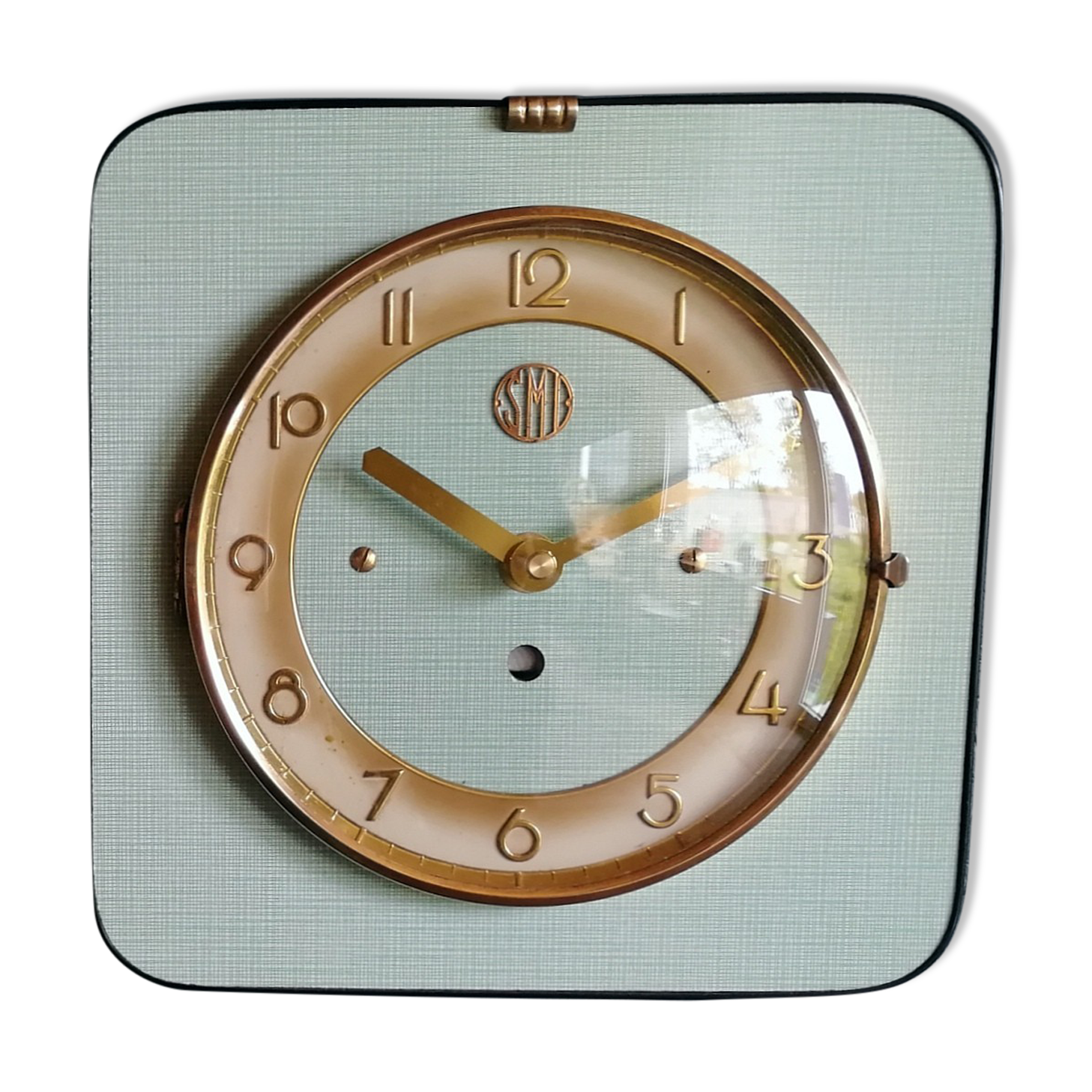 Horloge formica vintage pendule murale silencieuse carrée "SMI vert doré"