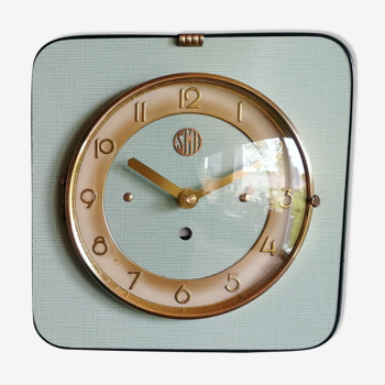Horloge formica vintage pendule murale silencieuse carrée "SMI vert doré"