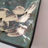 Square turquoise glazed stoneware dish, abstract floral decoration, signed.